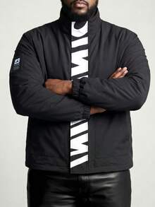 DRIVNCORE Plus Size Men's Casual Jacket, Stand Collar, Large Graphic Print, Sporty Design, Versatile, Suitable For Young Couples,Vintage,Vacation,I Love My Boyfriend,Plus Size Men - Black - View 3