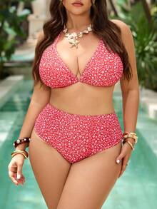 Swim Mod 2026 New Plus Size Women 2pcs Random Red Ditsy Floral Triangle Cup Sexy High Waist Bikini Set, Fashionable Casual Vacation Daily Wear Bikini Set - Red - View 1