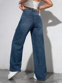 Washed Denim Blue High Waist Ripped Wide Leg Jeans - Medium Wash - View 2
