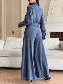 DAZY Set de 2 piezas de top con cuello y pantalones con cintura anudada, conjunto informal de oficina para mujer - Azul - Ver 2