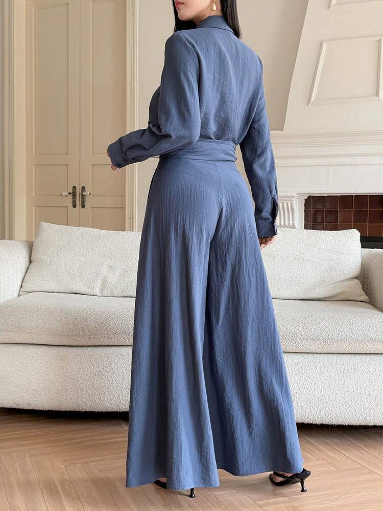 2pcs/Set Women Casual Collared Tie-Waist Top And Pants Commuter Outfit