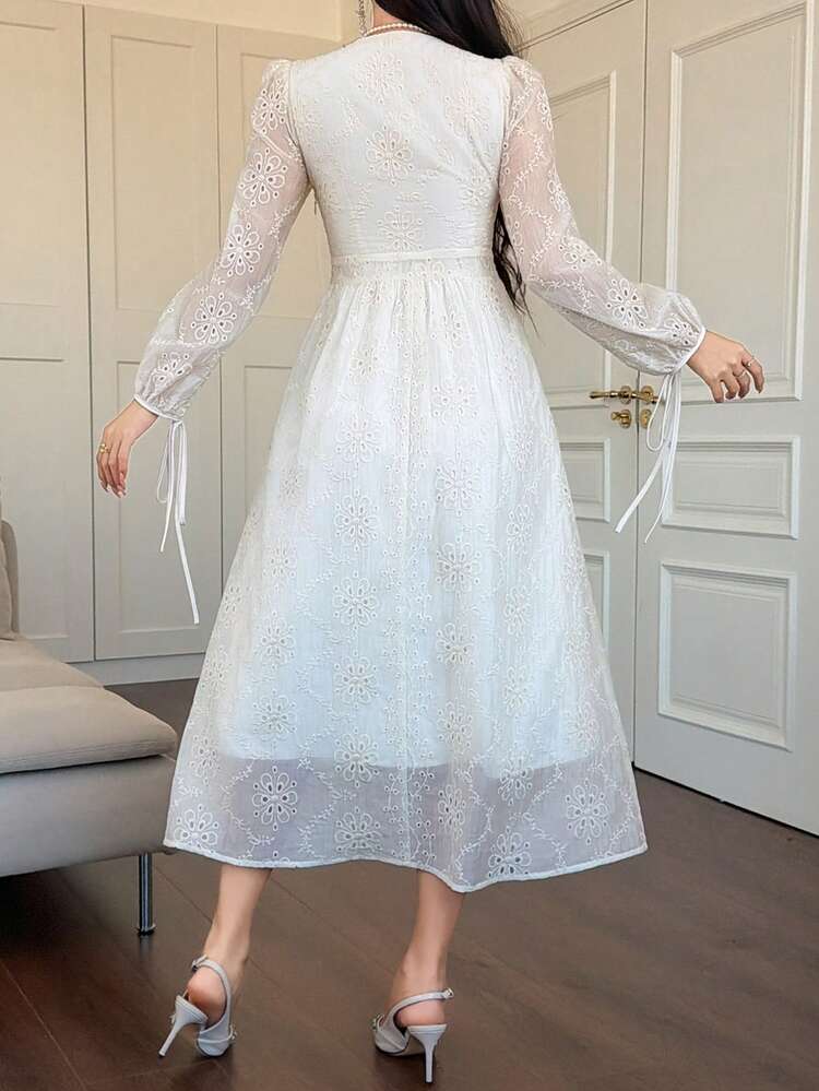 Women's Elegant Solid Color Hollow Embroidered Mid-Length Dress Sundress Summer