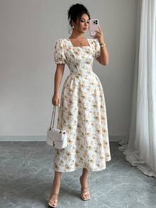 Modelyn Women's Short Petal Sleeve Fashionable Romantic New Yellow Jacquard Fabric Dress - Light Yellow - View 2