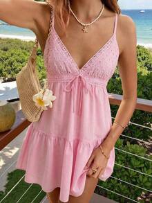 Sunnyshic 女士休闲度假百搭日常纯色蕾丝刺绣拼接V领吊带迷你连衣裙，春夏款 - 淺粉色 - 查看 4