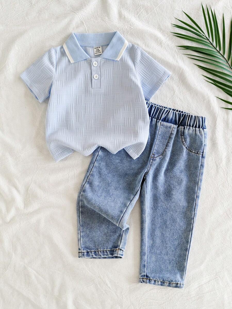 SHEIN Vintaside Kids Bộ đồ cho bé trai gồm áo tay ngắn cổ bẻ và quần jean bạc màu thời trang, thích hợp mặc hàng ngày, đi cắm trại cùng gia đình, ăn uống hoặc mua sắm. - Màu xanh lam - Xem 1