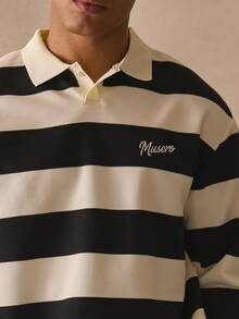 Musero Long Sleeve Panel Style Striped Polo Top Collared Single Button Detailing Autumn Winter Essentials - Black and White - View 2