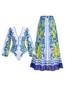 Swim Oasis بدلة سباحة بحجم كبير مطبوع عليها ازهار للسيدات، بأسلوب عادي مناسب للإجازات - الأزرق - مشاهدة 3