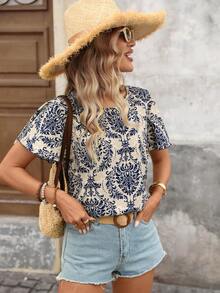 Brillora Blusa de cuello redondo con mangas con volantes, estampado floral de satén y mariposas para mujer, ideal para el verano y la playa - Albaricoque - Ver 3