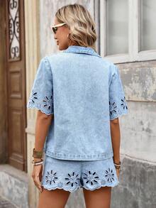 Brillora 女士度假系带镂空刺绣短袖牛仔上衣和牛仔短裤套装 - 淺色水洗藍 - 查看 2