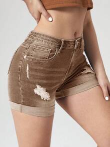 Jeanoix Women's Casual Fashion Ripped Cuffed Hem Denim Shorts, Suitable For Daily Commute In Summer - Brown - View 3