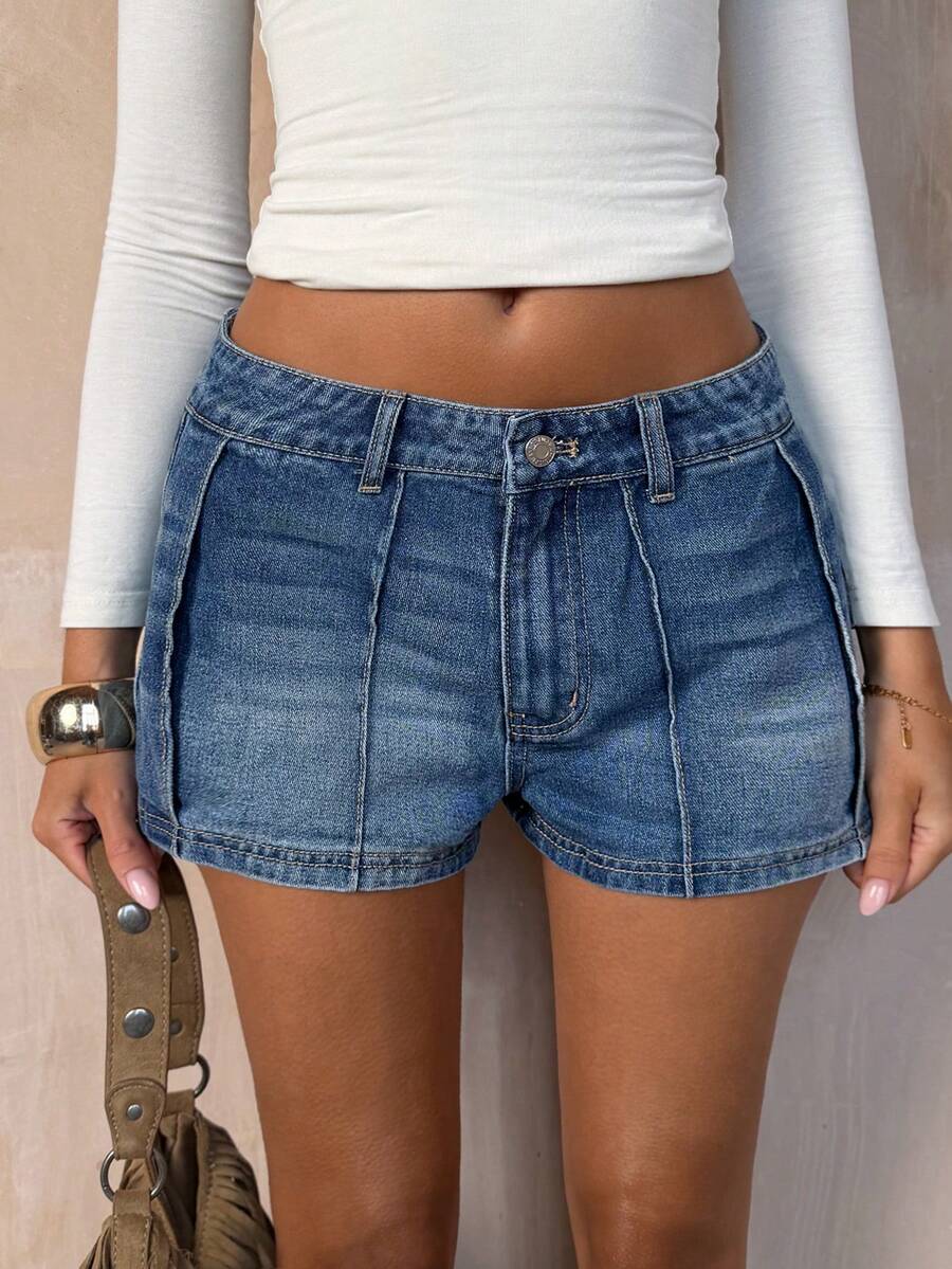 TRNVIE Quần short denim cạp thấp dáng rộng, chất liệu denim mài, thích hợp mặc mùa hè. - Màu xanh lam - Xem 1