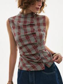 Poéselle Blusa sin mangas plisada a cuadros rojos de moda para mujer, de verano - Multicolor - Ver 7