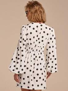 Women's Elegant Deep V-Neck Cinched Waist Mini Polka Dot Dress, Chic And Versatile For Commute, Office, Dates, Weddings, Spring, Wrap Dresses For Women, Women's Wrap Dress, Polka Dot Wrap Dress, Long Sleeve Wrap Dress - Black and White - View 2
