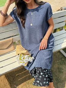 Livesso 女士褶皱宽松飘逸中长款夏季连衣裙 - 藍色 - 查看 8