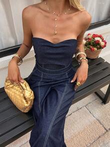 Livesso Women's Denim Jumpsuit With Bandeau Neckline And Waist Cinching Detail - Blue - View 6