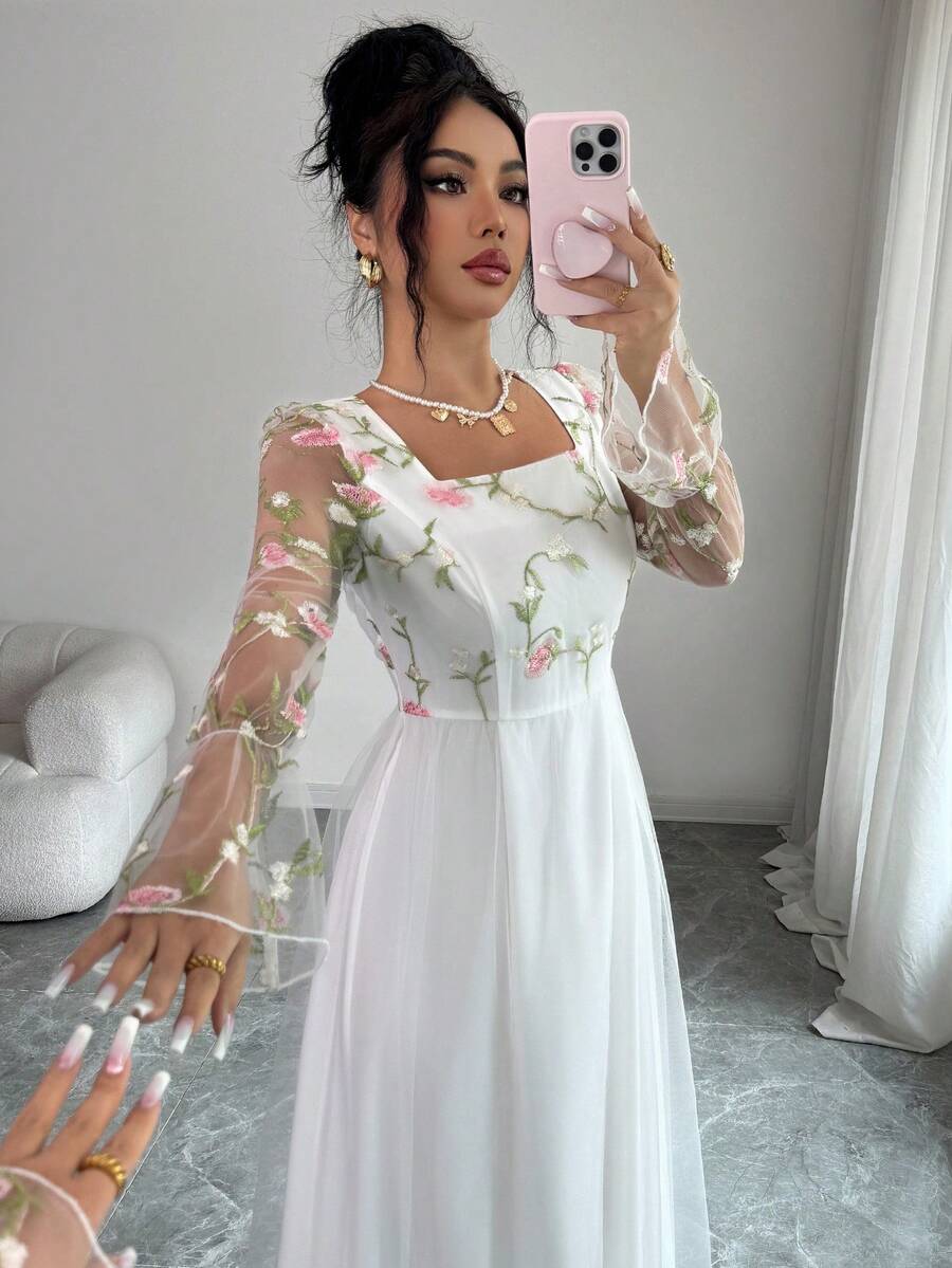 SHEIN Elenzya 2026春夏新款女式白色网纱拼接刺绣粉色桃花A字腰方领优雅浪漫长袖中长连衣裙，适合女士婚礼、派对、正式晚宴、毕业季/开学季（随机碎花图案） - 白色 - 查看 1