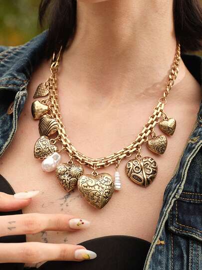 Glisma 1 Pc Retro Multi Heart Charm Necklace Faux Pearl Decor Charms Necklaces , Chunky Bib Statement Necklace With Heart Charms , Vintage Jewelry For Women Valentines
