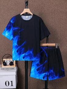 SHEIN 男童休闲火焰渐变印花圆领短袖短裤两件套，适合儿童穿着，幼儿男童服装，返校季，男童套装，适合生日派对、晚宴、演出、婚礼、洗礼、开幕式、日常穿着、上学、旅行、运动、春夏等场合。 - 彩色 - 查看 4