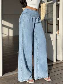 Sunnyshic 女士休闲度假抽绳腰阔腿牛仔裤 - 藍色 - 查看 7
