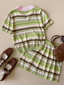 Muvela Spring/Summer New College Style Women Polo Collar Striped Short Sleeve Knit Top And Mini Skirt 2 Pieces Set - Green - View 5
