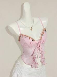 SHEIN ICON Áo hai dây buộc eo, xẻ tà, chất liệu jacquard có họa tiết. - Màu tím hoa cà - Xem 8