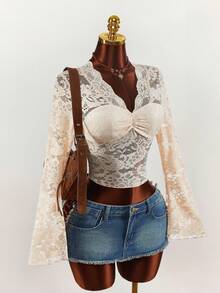 Amplova 2026 New Lace Sexy Sheer Women Blouse - Apricot - View 4