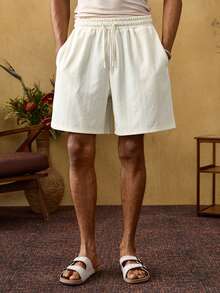 ROMWE MEN Men's Casual Solid Color Textured Shorts, Summer - Khaki - View 4