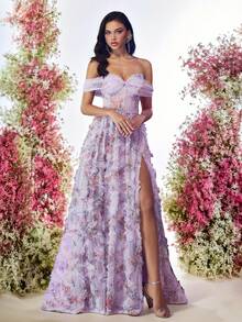 Glamrae 优雅多色浪漫薄纱 3D 花卉印花露肩高开衩长裙，透明覆盖 A 字晚礼服 - 淡紫色 - 查看 3
