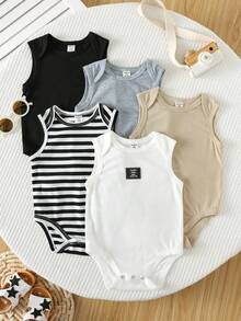 SHEIN 5pcs/Set Newborn Baby Boy Casual Versatile Soft Knit Striped Undershirt Style Outfit Set - Multicolor - View 8