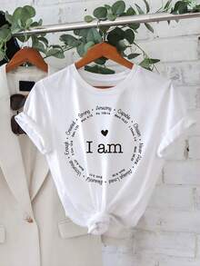 Standard Size Women's Minimalist Printed Round Neck Short Sleeve T-Shirt - White - View 3