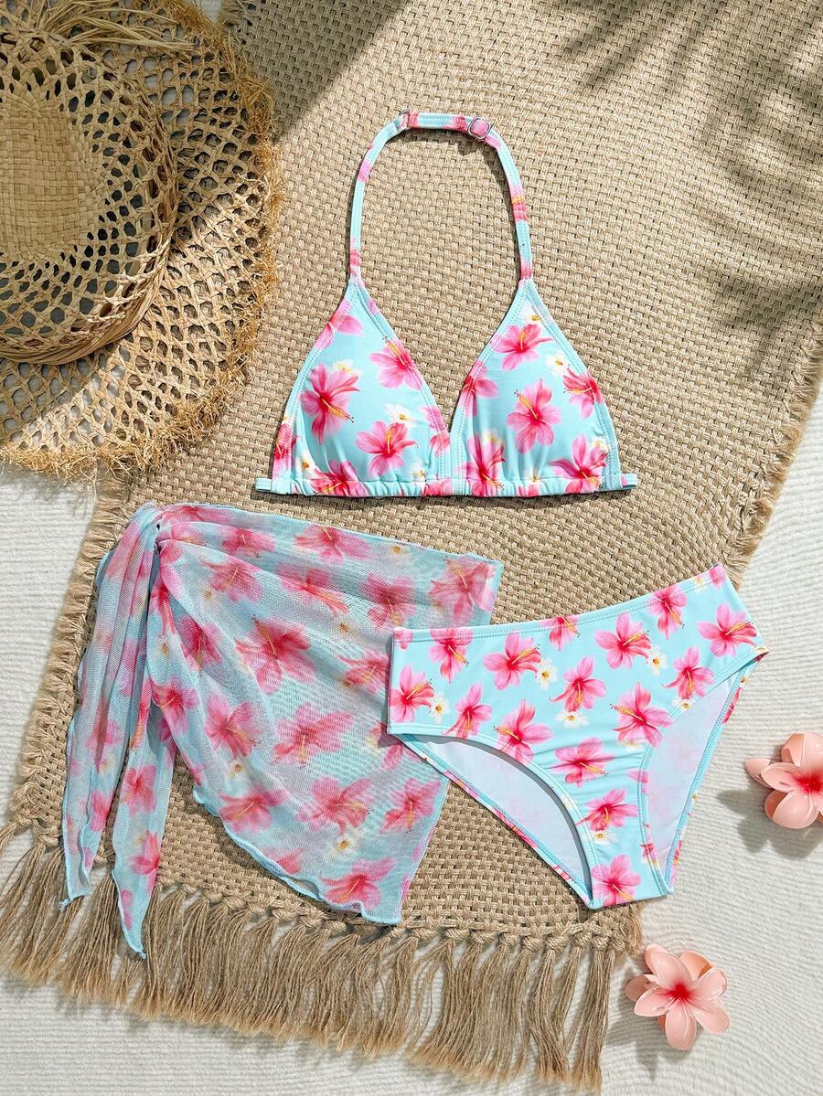 SHEIN 少女碎花吊带泳衣套装 - 綠色 - 查看 1