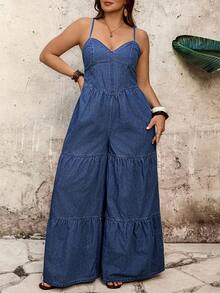 EMERY ROSE Mature Denim Women's Plus Size Denim Jumpsuit,Dark Blue,Summer,Boho,Vacation Wide-Leg Spaghetti Strap Sweetheart Neckline Corset Seaming Tiered Ruffled Tie-Back - Blue - View 2