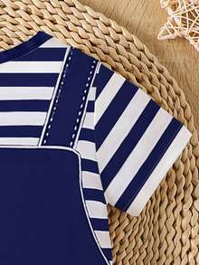 SHEIN Baby Boy English Letter Print Short Sleeve Romper With Bib Shorts, Suitable For Summer - Multicolor - View 5