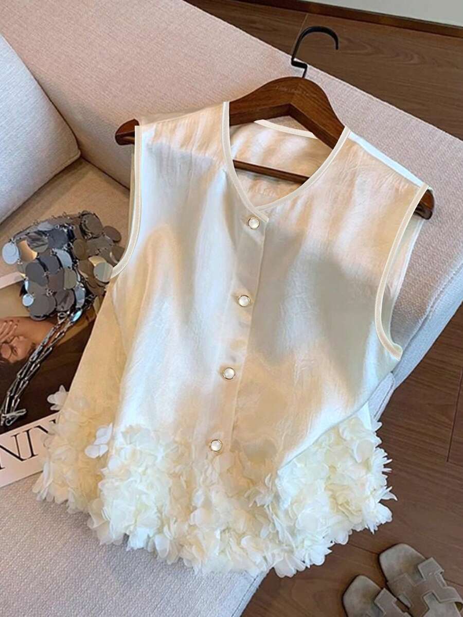 GlowEve Women's Casual Applique Front Button Sleeveless Shirt, Summer - Apricot - View 1