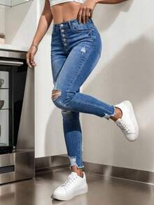 Jeans pitillos tobilleros con rotos y botones decorativos | Tiro medio para diario y oficina - Azul lavado medio - Ver 3