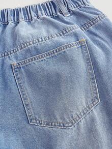 SHEIN MOD MOD加大码低腰宽松阔腿蓝色牛仔裤，叠层女式牛仔裤，妈妈款女式牛仔裤，复古喇叭裤型女式牛仔裤 - 淺色水洗藍 - 查看 4