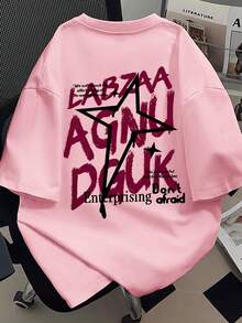 Manfinity Dauomo Men's American Streetwear Retro Graffiti Letter & Star Print T-Shirt, Summer Loose Casual Short Sleeve Top - Pink - View 4