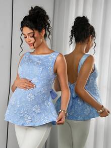Momance Maternity Sleeveless Round Neck Tank Top With Princess Seam, Backless Bow Tie Design, A-Line Hem, Jacquard Weave - Baby Blue - View 7