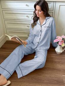 Snug Reverie Minimalist Slouchy Girl Style Yellow Striped Pajama Set, Long Sleeve Top And Pants, Elegant Home Wear, Spring/Autumn - Blue - View 3
