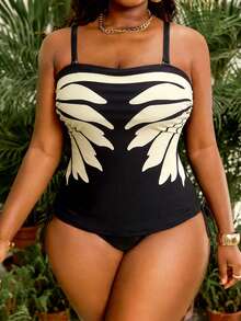 Slaydiva 2pcs Plus Size Women Set, Printed Bandeau Top With Drawstring And High Waist Patchwork Bikini Bottom - Multicolor - View 3