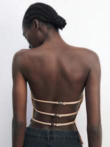 Maija 女士露背可调节装饰抹胸上衣，时尚办公装，适合春夏复古商务休闲风，露背设计，优雅金属装饰，圣帕特里克节女士夏季复活节女士派对上衣，沙滩夏季度假女士夏季外出毕业休闲夏季抹胸上衣 - 杏色 - 查看 2