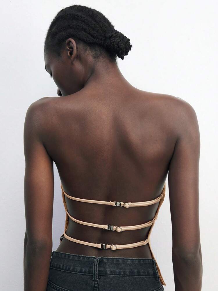 SHEIN Maija Women's Backless Adjustable Decor Tube Top, Stylish Office Wear, Suitable For Spring/Summer Old Money Business Casual Backless Elegant Metal Decor St Patrick's Day Women Summer Easter Women Party Top Beach Summer Holiday Each Vacation For Women Summer For Women Going Out Graduation Casual Summer Tube Top