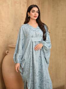 DAZY 女士优雅碎花V领宽松长连衣裙，春夏款 - 藍色 - 查看 5