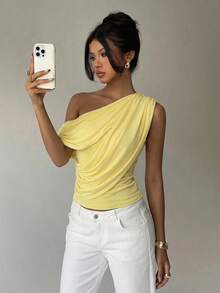 Aloruh Kaos Wanita Romantis dengan Detail Kerutan dan Lipatan di Bagian Leher, Cocok untuk Liburan Musim Semi/Panas - Kuning - View 7