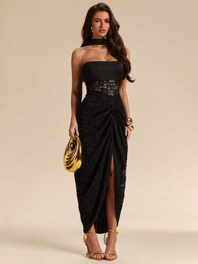 SHEIN BAE Women's Black Lace Mock Neck Backless Sexy Camisole & Black Knit Fishtail Hem Skirt, Suitable For Party, Vacation, Banquet, Wedding, Night Out, Romantic Date