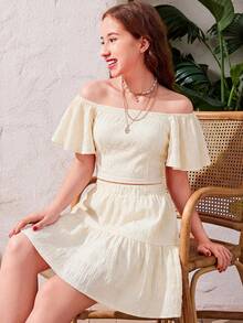SHEIN Girlism 少女纯色荷叶袖拉链A字裙两件套休闲度假套装 - 杏色 - 查看 7