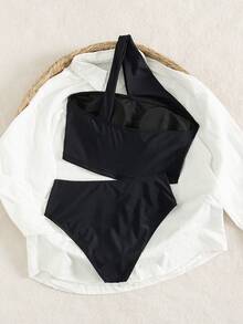 Swim Chiccia 女士纯色不对称肩吊带比基尼套装，夏季女士泳衣全包覆两件套 - 黑色 - 查看 5