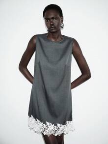 Lumivelle Grey Sleeveless Round Neck A-Line Mini Dress, Vintage Romantic Casual Minimalist Chic Commuter Dress, Spring/Summer Sleeveless Dress Lace Trim Dress - Grey - View 1
