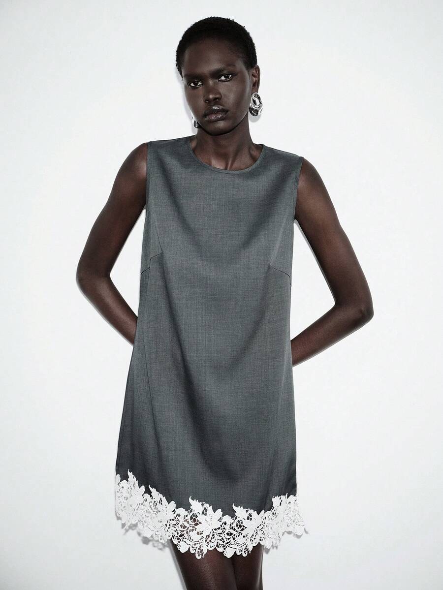 Lumivelle Grey Sleeveless Round Neck A-Line Mini Dress, Vintage Romantic Casual Minimalist Chic Commuter Dress, Spring/Summer Sleeveless Dress Lace Trim Dress - Grey - View 1
