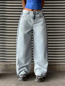 StreetHx 女士休闲时尚百搭街头风阔腿牛仔裤 - 淺色水洗藍 - 查看 7